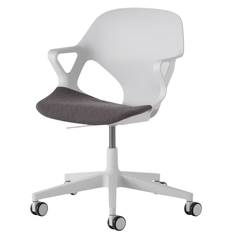 The Zeph Multipurpose Chair with Arms from Herman Miller alpine shell with carbon seat pad.