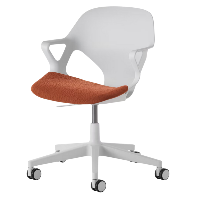 The Zeph Multipurpose Chair with Arms from Herman Miller alpine shell with cayenne seat pad.