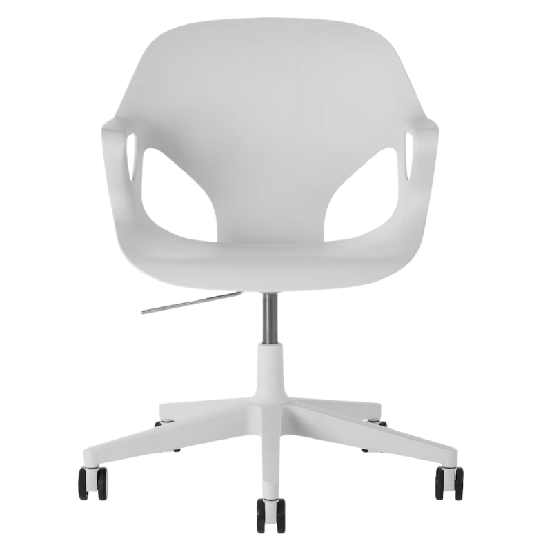 The Zeph Multipurpose Chair with Arms from Herman Miller alpine shell from the front.