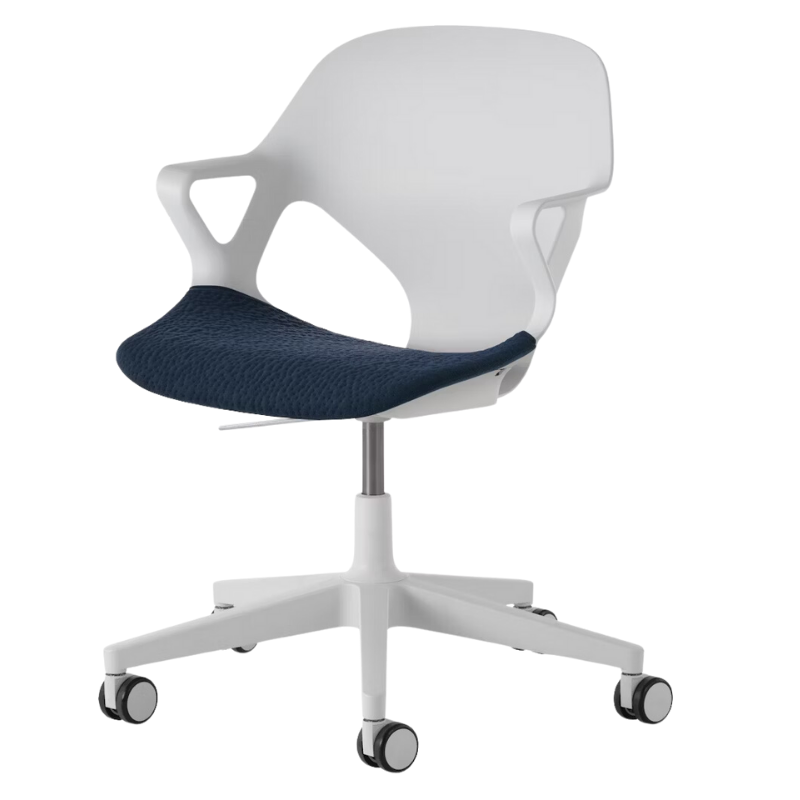 The Zeph Multipurpose Chair with Arms from Herman Miller alpine shell with nightfall seat pad.