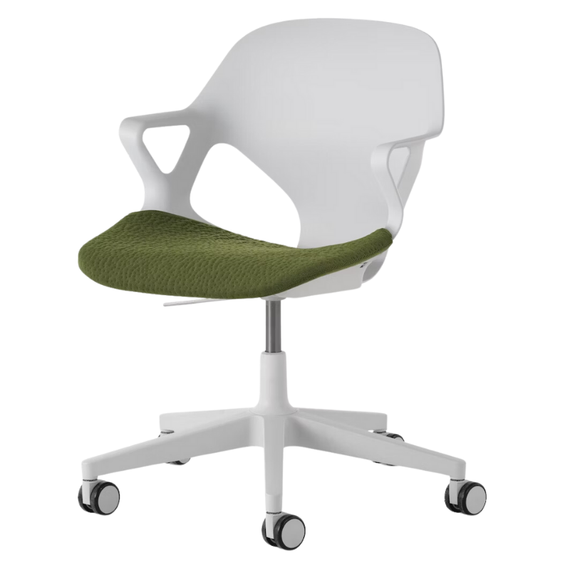 The Zeph Multipurpose Chair with Arms from Herman Miller alpine shell with olive seat pad.