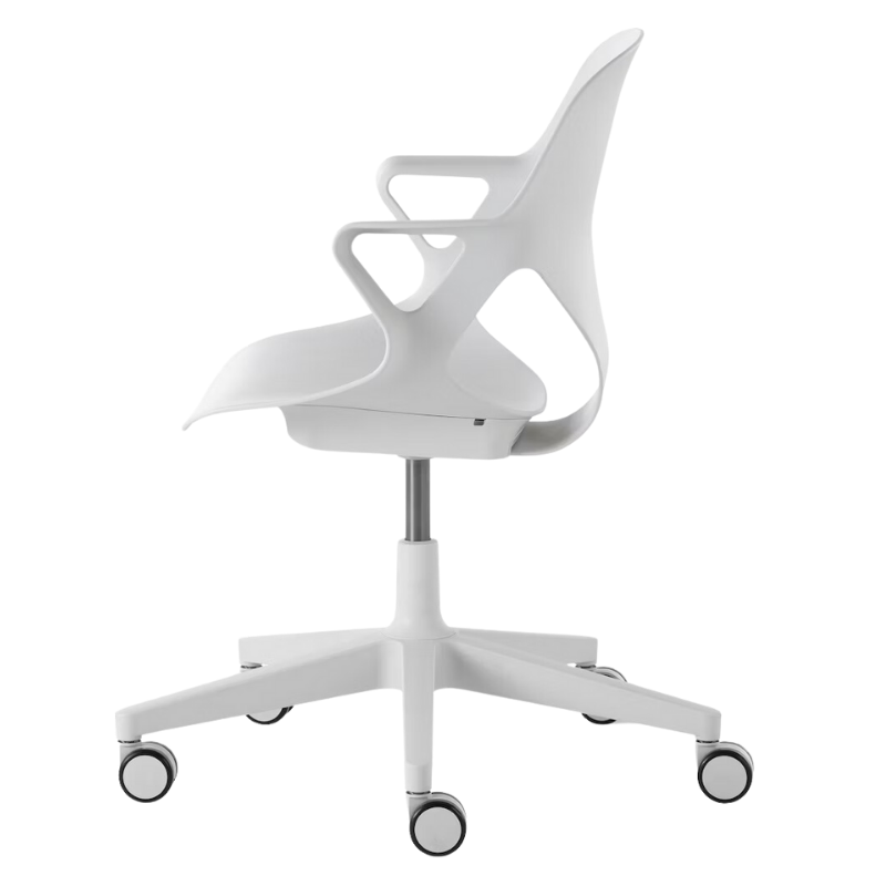 The Zeph Multipurpose Chair with Arms from Herman Miller alpine shell from the side.