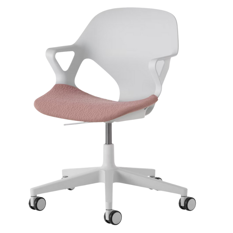 The Zeph Multipurpose Chair with Arms from Herman Miller alpine shell with tea rose seat pad.