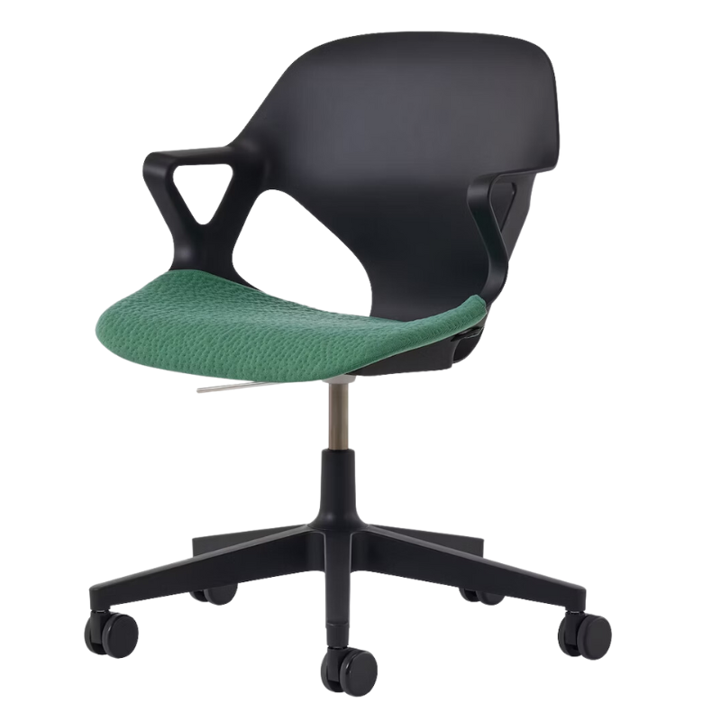 The Zeph Multipurpose Chair with Arms from Herman Miller black shell with aloe seat pad.