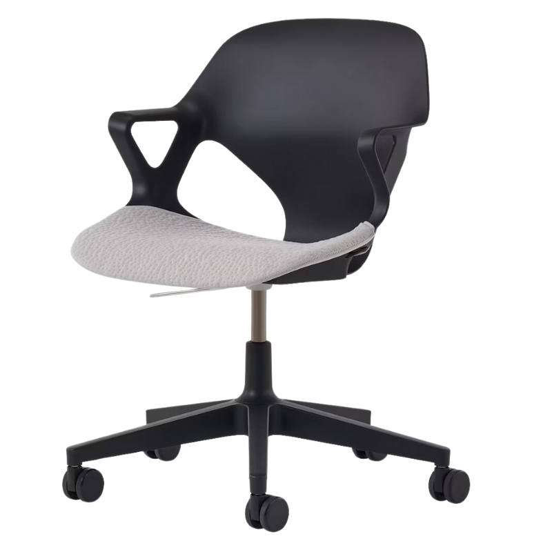 The Zeph Multipurpose Chair with Arms from Herman Miller black shell with alpine seat pad.