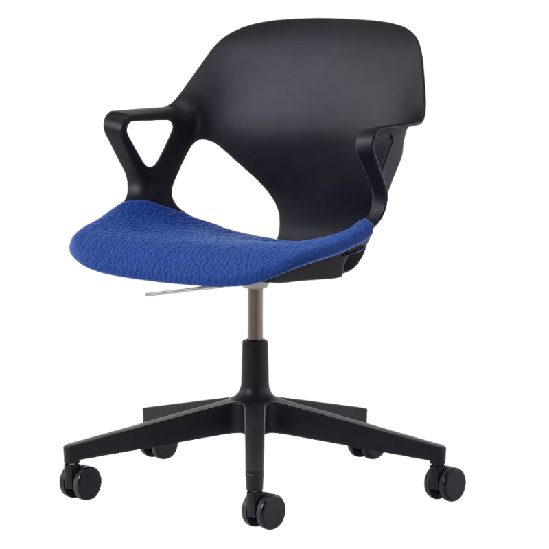 The Zeph Multipurpose Chair with Arms from Herman Miller black shell with bluebell seat pad.