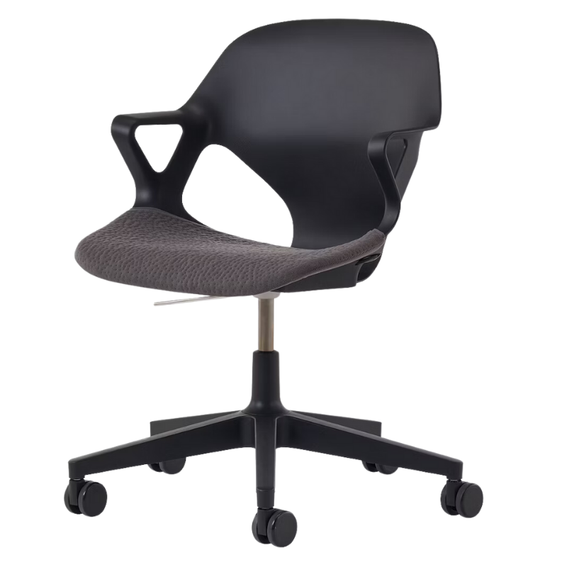 The Zeph Multipurpose Chair with Arms from Herman Miller black shell with carbon seat pad.