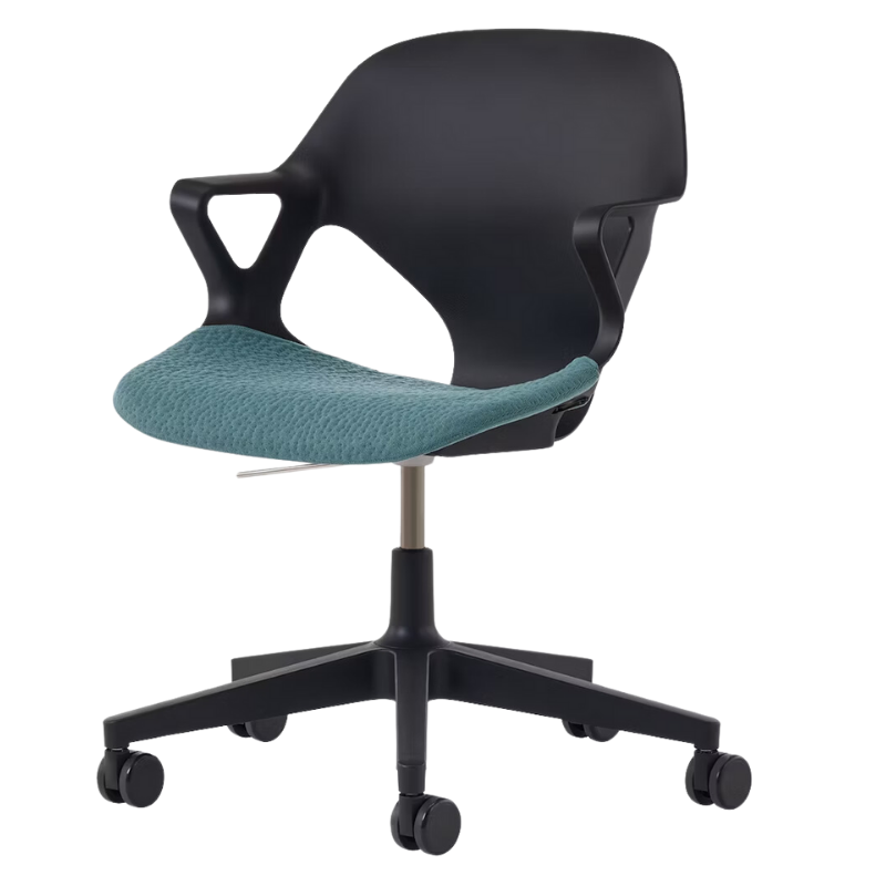 The Zeph Multipurpose Chair with Arms from Herman Miller black shell with glacier seat pad.