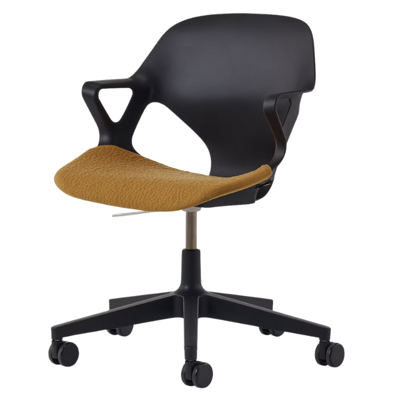 The Zeph Multipurpose Chair with Arms from Herman Miller black shell with mustard seed seat pad.