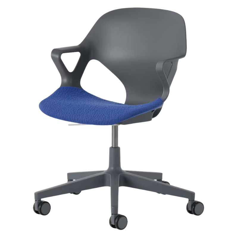 The Zeph Multipurpose Chair with Arms from Herman Miller carbon shell with bluebell seat pad.