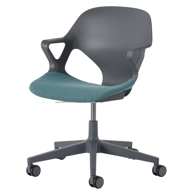 The Zeph Multipurpose Chair with Arms from Herman Miller carbon shell with glacier seat pad.