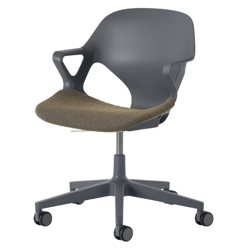 The Zeph Multipurpose Chair with Arms from Herman Miller carbon shell with moss seat pad.