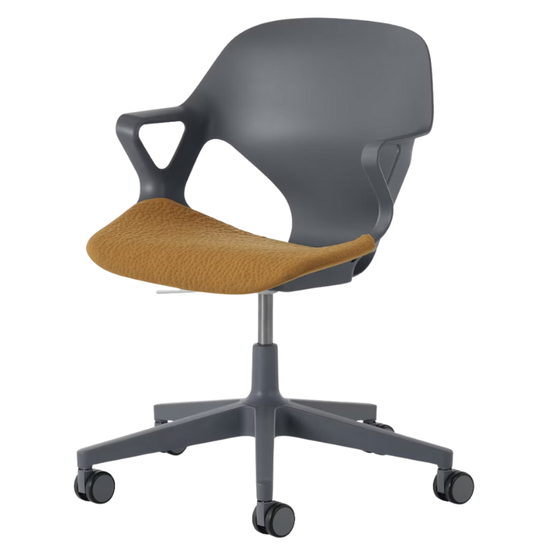 The Zeph Multipurpose Chair with Arms from Herman Miller carbon shell with mustard seed seat pad.