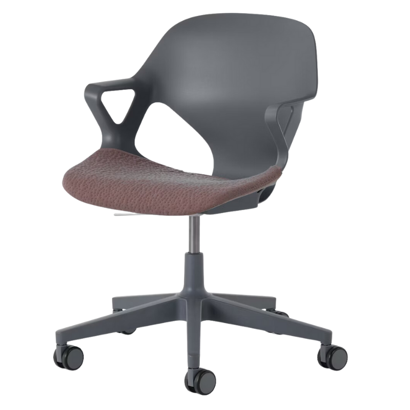 The Zeph Multipurpose Chair with Arms from Herman Miller carbon shell with silt seat pad.