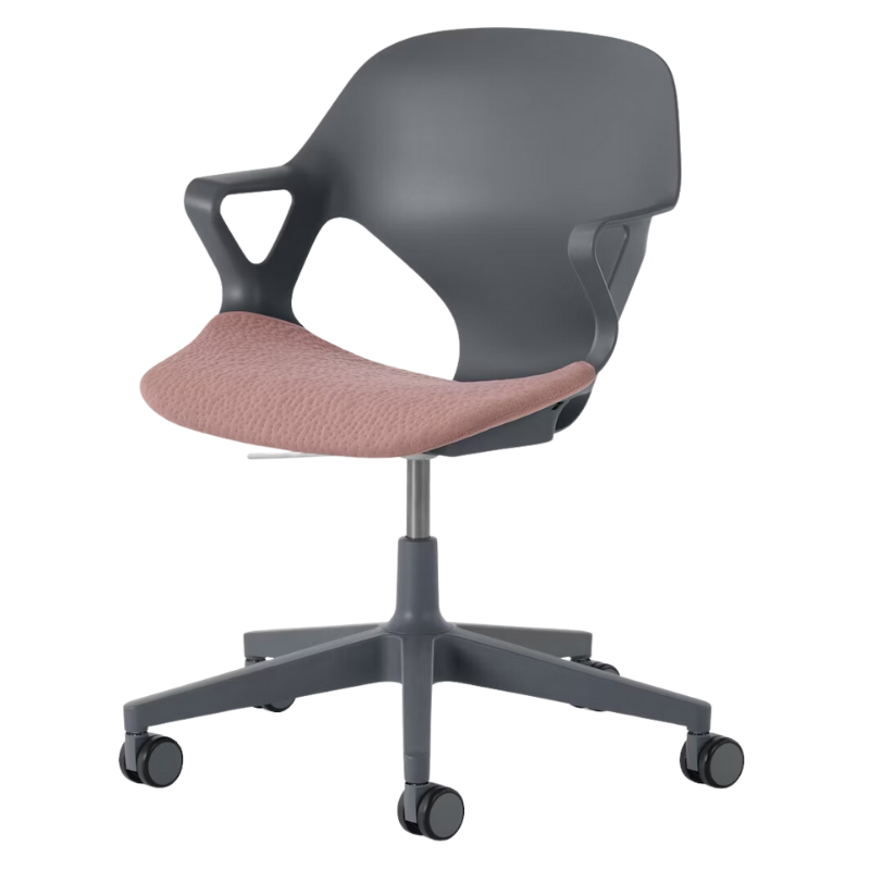 The Zeph Multipurpose Chair with Arms from Herman Miller carbon shell with tea rose seat pad.