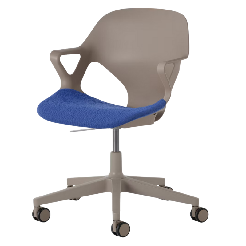 The Zeph Multipurpose Chair with Arms from Herman Miller cocoa shell with bluebell seat pad.