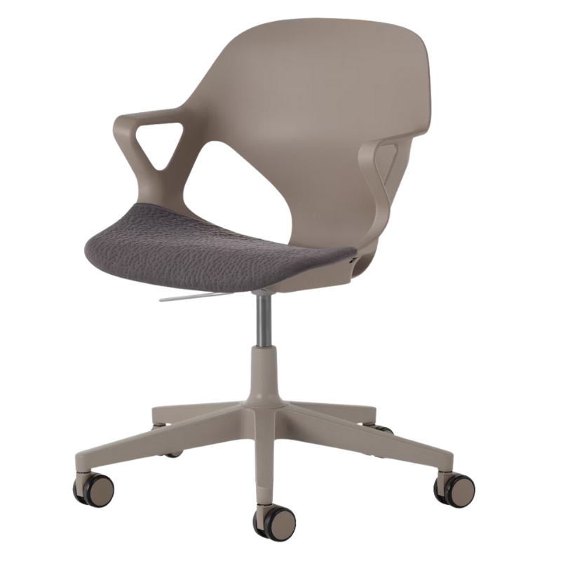 The Zeph Multipurpose Chair with Arms from Herman Miller cocoa shell with carbon seat pad.