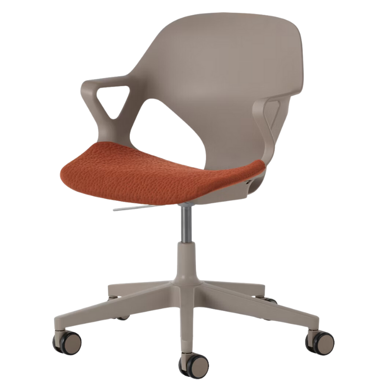 The Zeph Multipurpose Chair with Arms from Herman Miller cocoa shell with cayenne seat pad.