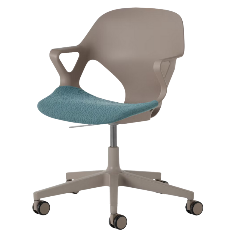 The Zeph Multipurpose Chair with Arms from Herman Miller cocoa shell with glacier seat pad.