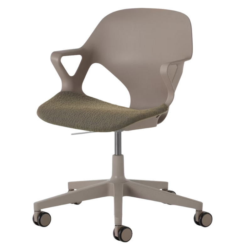 The Zeph Multipurpose Chair with Arms from Herman Miller cocoa shell with moss seat pad.