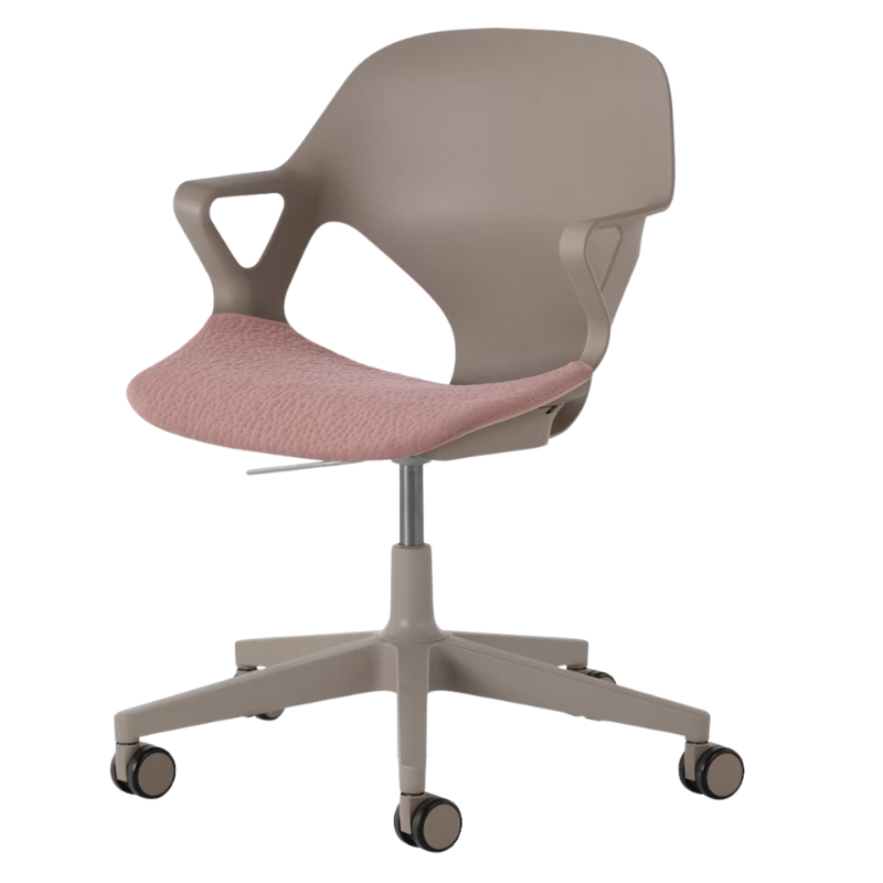 The Zeph Multipurpose Chair with Arms from Herman Miller cocoa shell with tea rose seat pad.