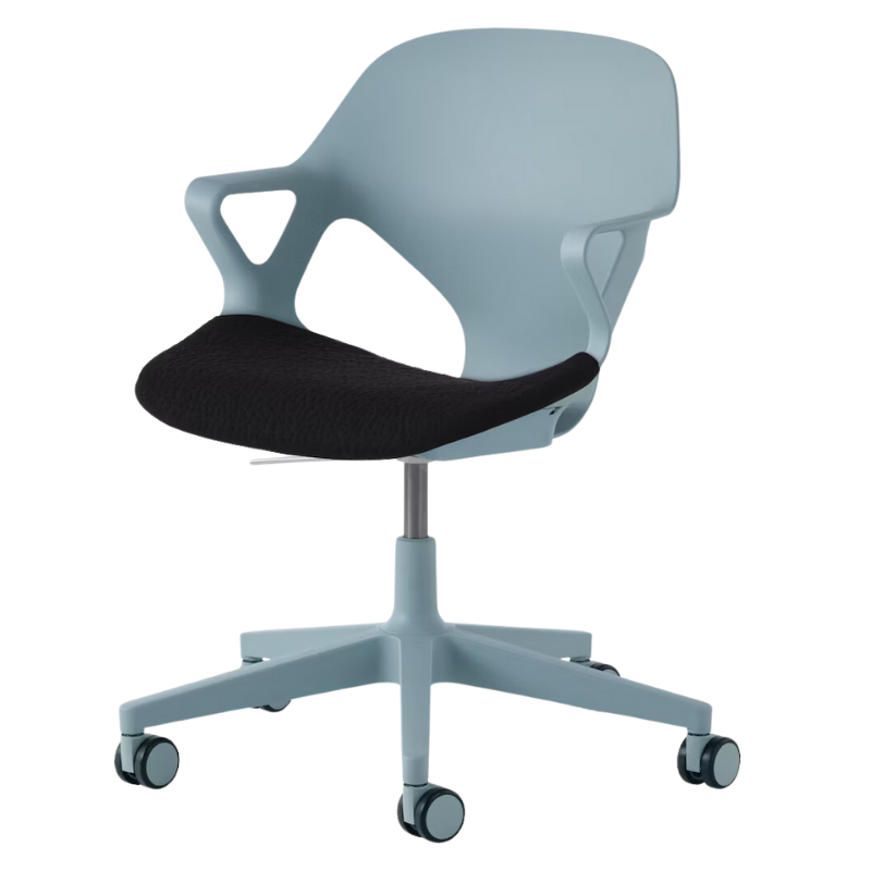 The Zeph Multipurpose Chair with Arms from Herman Miller glacier shell with black seat pad.