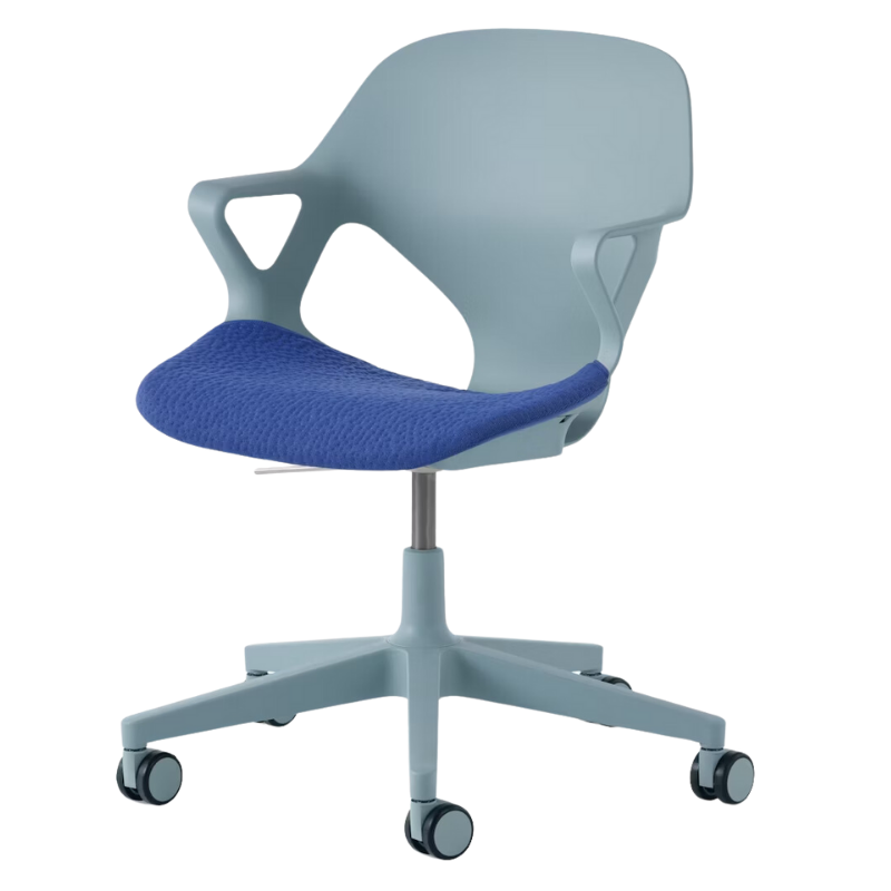 The Zeph Multipurpose Chair with Arms from Herman Miller glacier shell with bluebell seat pad.