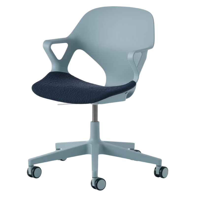 The Zeph Multipurpose Chair with Arms from Herman Miller glacier shell with nightfall seat pad.