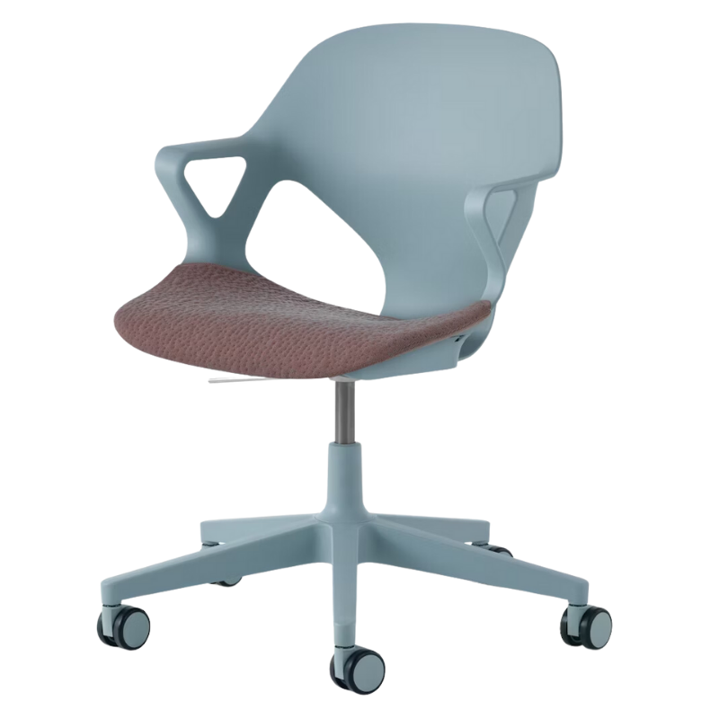 The Zeph Multipurpose Chair with Arms from Herman Miller glacier shell with silt seat pad.