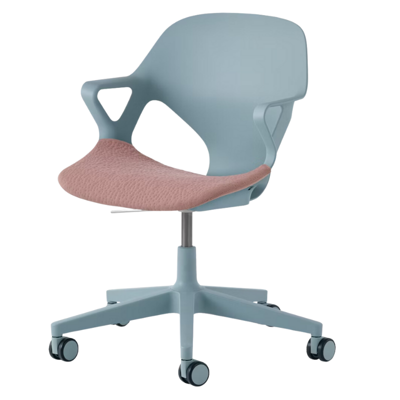 The Zeph Multipurpose Chair with Arms from Herman Miller glacier shell with tea rose seat pad.