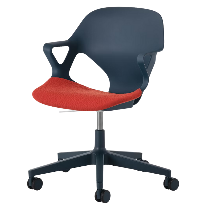 The Zeph Multipurpose Chair with Arms from Herman Miller nightfall shell with blaze seat pad.