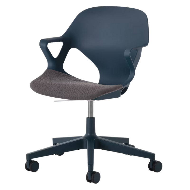 The Zeph Multipurpose Chair with Arms from Herman Miller nightfall shell with carbon seat pad.