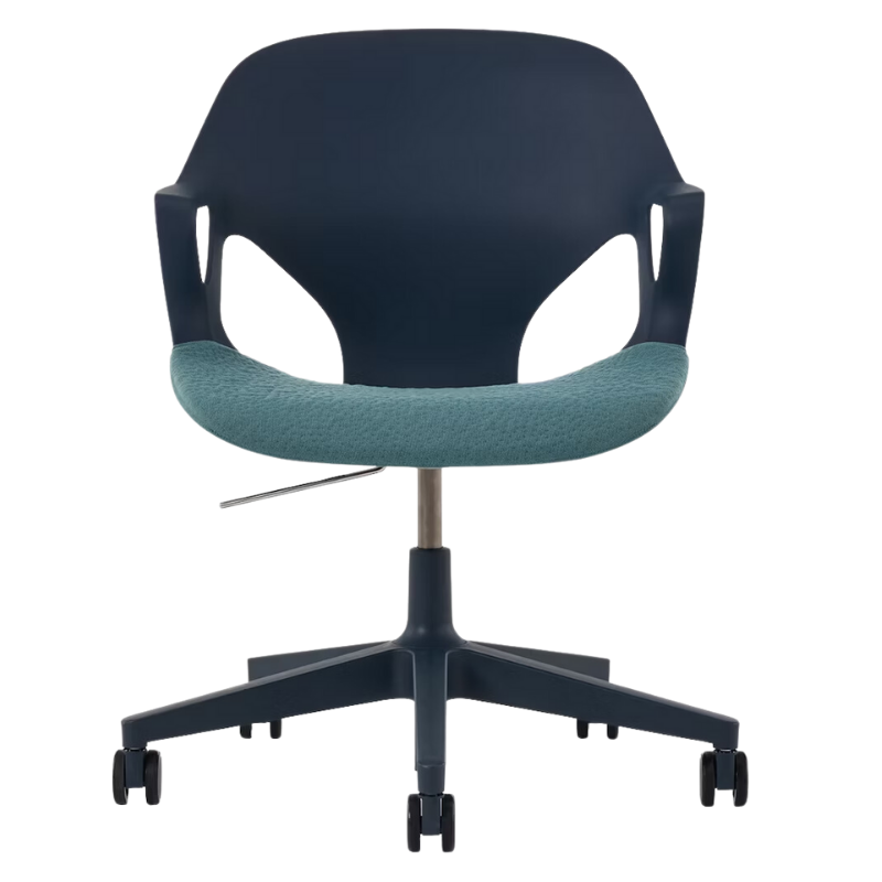 The Zeph Multipurpose Chair with Arms from Herman Miller nightfall shell with glacier seat pad from the front.