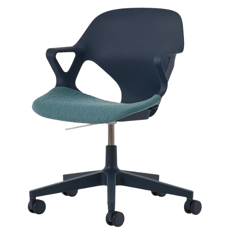 The Zeph Multipurpose Chair with Arms from Herman Miller nightfall shell with glacier seat pad.