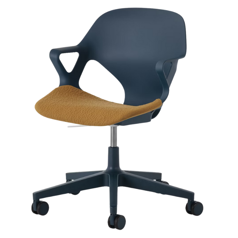 The Zeph Multipurpose Chair with Arms from Herman Miller nightfall shell with mustard seed seat pad.