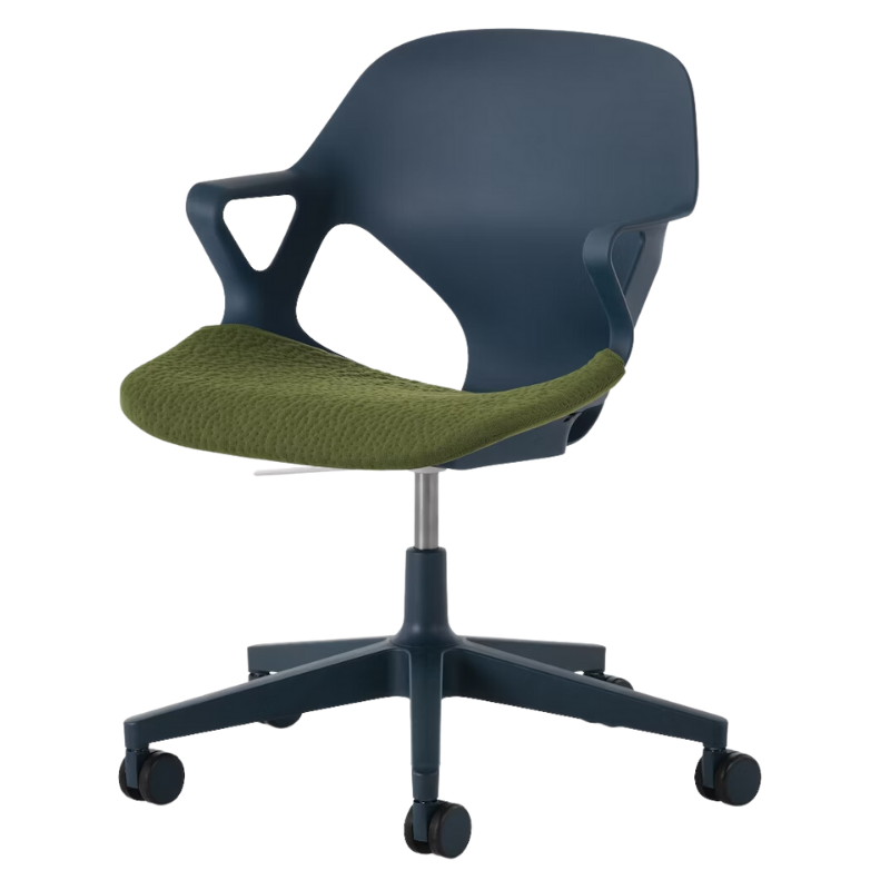 The Zeph Multipurpose Chair with Arms from Herman Miller nightfall shell with olive seat pad.