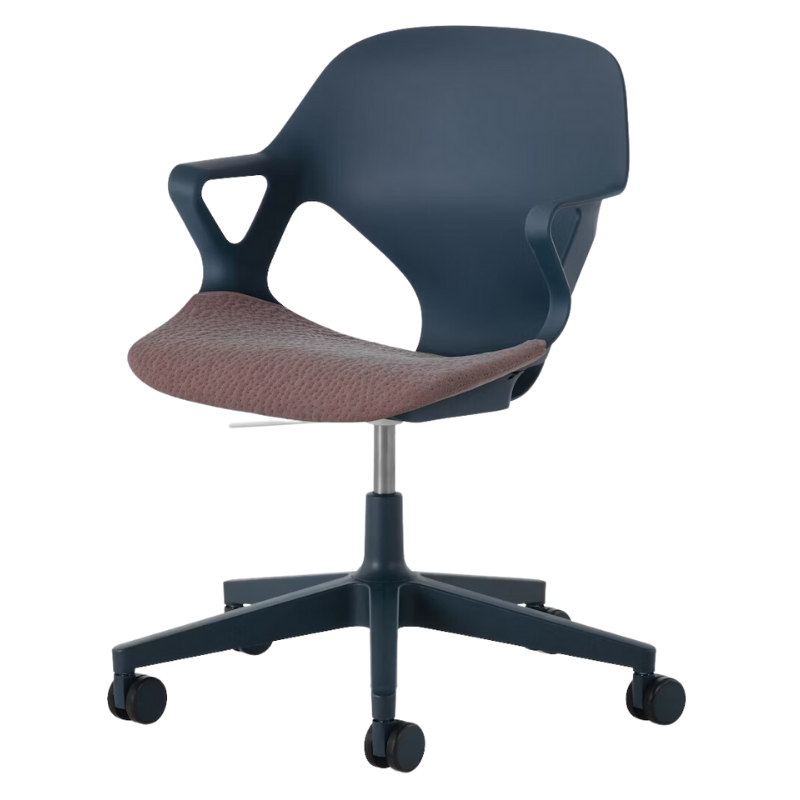 The Zeph Multipurpose Chair with Arms from Herman Miller nightfall shell with silt seat pad.