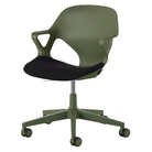 The Zeph Multipurpose Chair with Arms from Herman Miller olive shell with black seat pad.