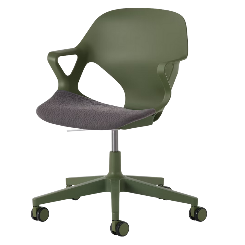 The Zeph Multipurpose Chair with Arms from Herman Miller olive shell with carbon seat pad.