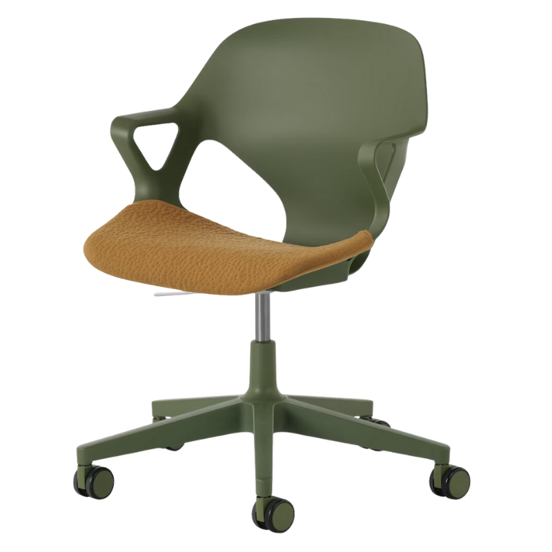 The Zeph Multipurpose Chair with Arms from Herman Miller olive shell with mustard seed seat pad.