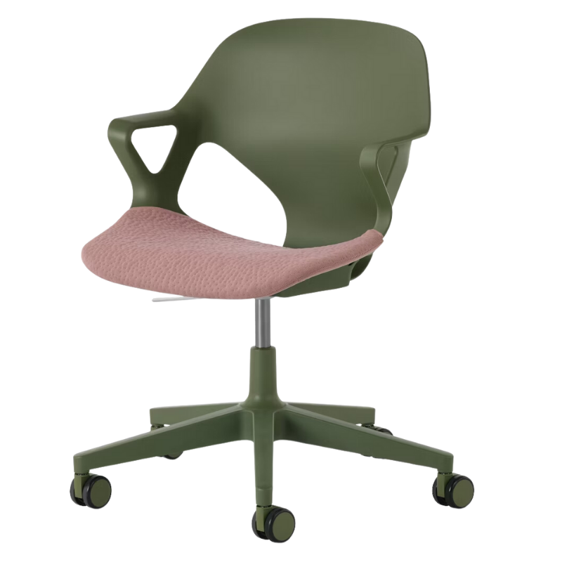 The Zeph Multipurpose Chair with Arms from Herman Miller olive shell with tea rose seat pad.