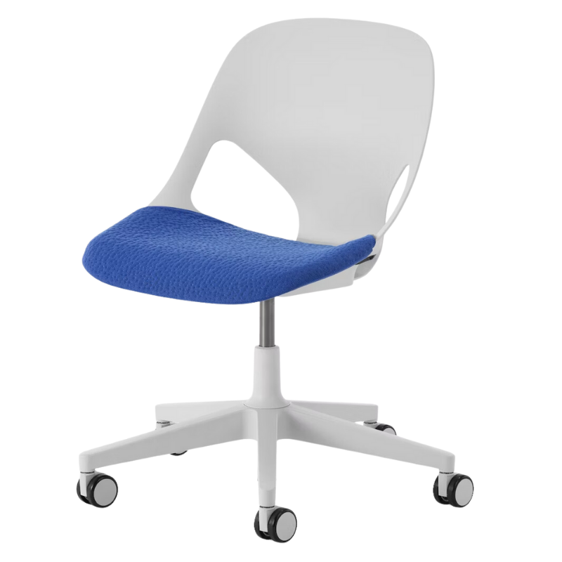 The Zeph Multipurpose Chair without Arms from Herman Miller alpine shell with bluebell seat pad.