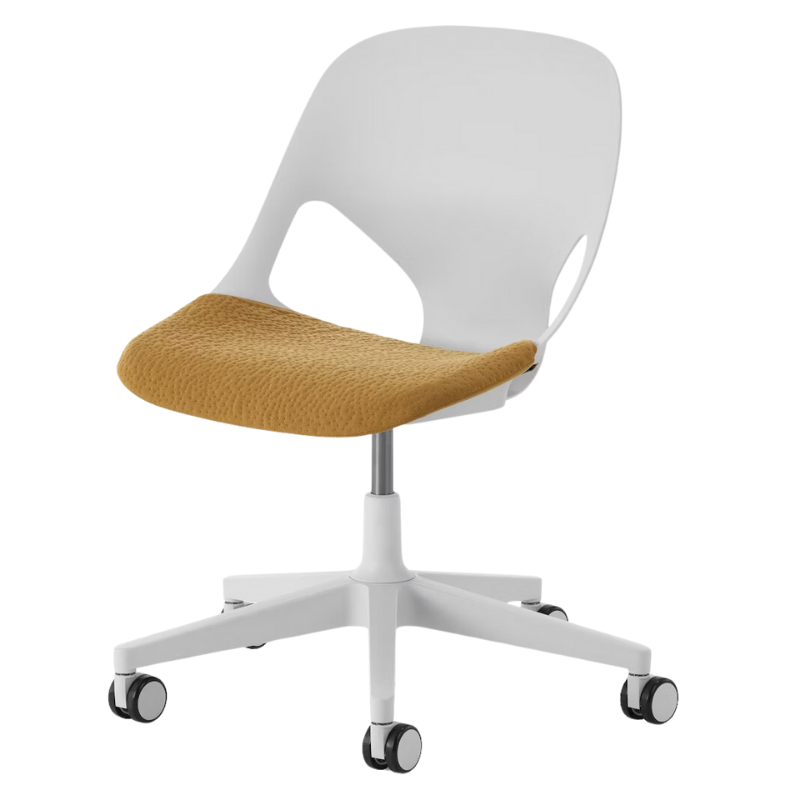 The Zeph Multipurpose Chair without Arms from Herman Miller alpine shell with mustard seed seat pad.