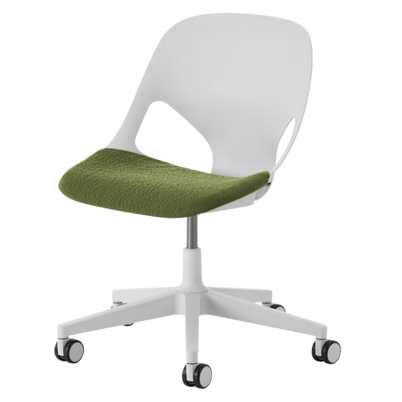 The Zeph Multipurpose Chair without Arms from Herman Miller alpine shell with olive seat pad.