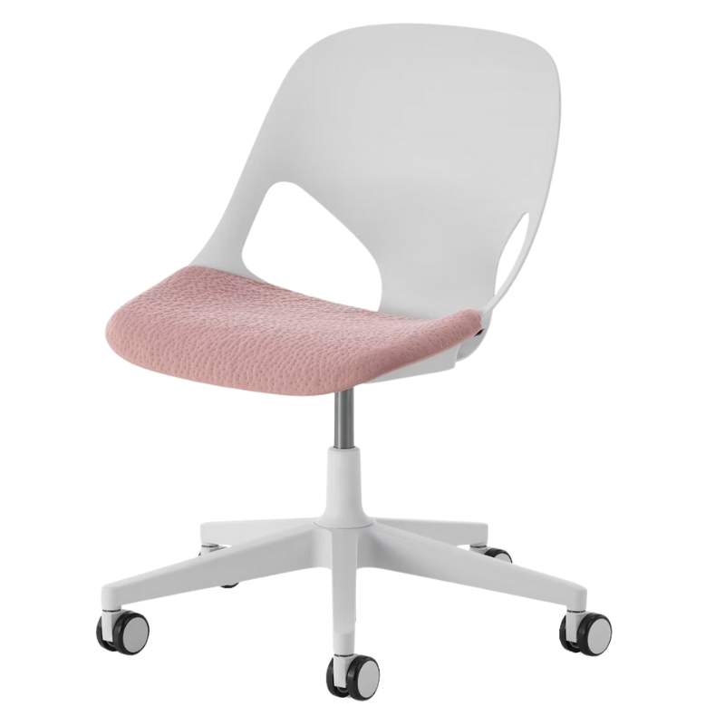 The Zeph Multipurpose Chair without Arms from Herman Miller alpine shell with tea rose seat pad.