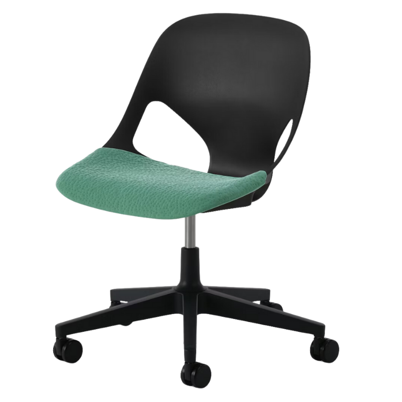 The Zeph Multipurpose Chair without Arms from Herman Miller black shell with aloe seat pad.