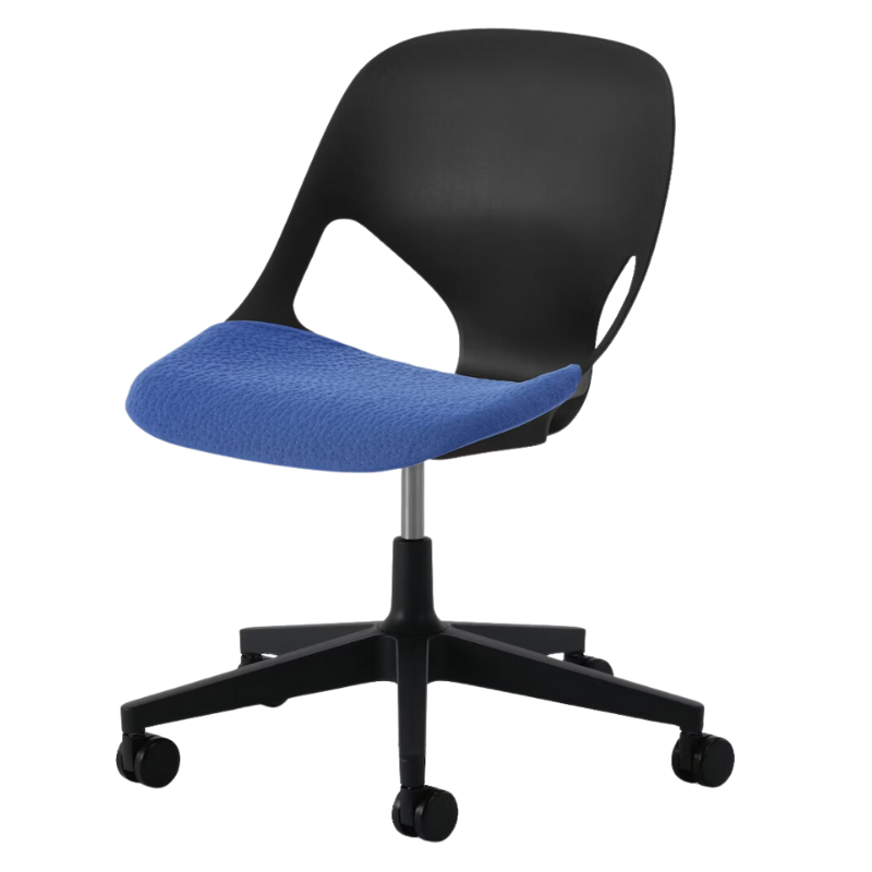 The Zeph Multipurpose Chair without Arms from Herman Miller black shell with bluebell seat pad.