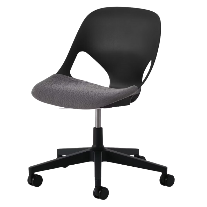 The Zeph Multipurpose Chair without Arms from Herman Miller black shell with carbon seat pad.