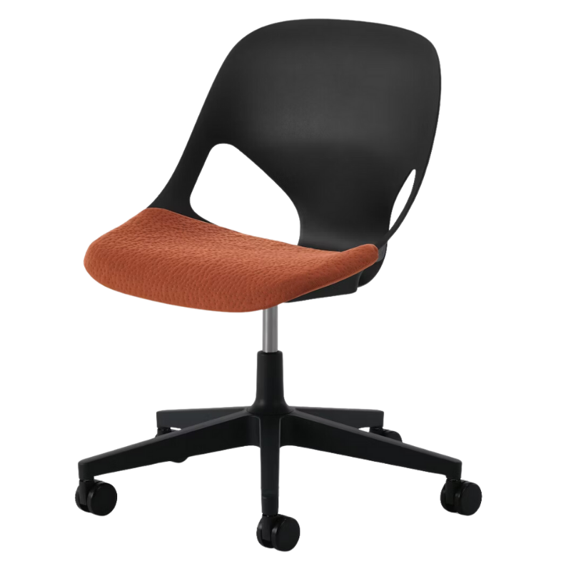 The Zeph Multipurpose Chair without Arms from Herman Miller black shell with cayenne seat pad.