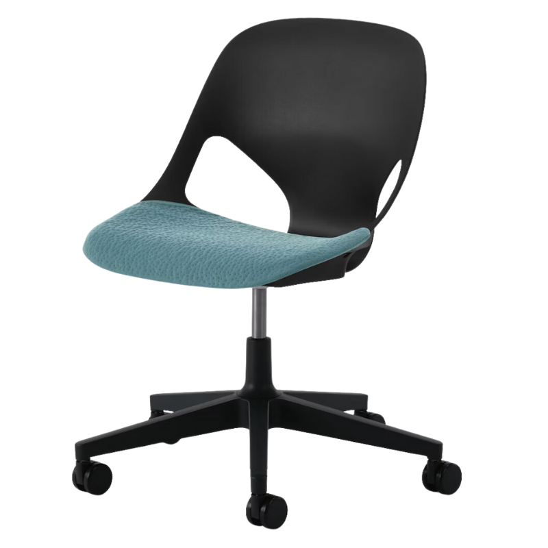 The Zeph Multipurpose Chair without Arms from Herman Miller black shell with glacier seat pad.